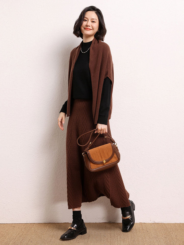 Cashmere Herringbone Midi-Skirt