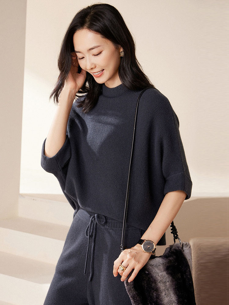 Batwing sleeves Mock Neck Cashmere Sweater