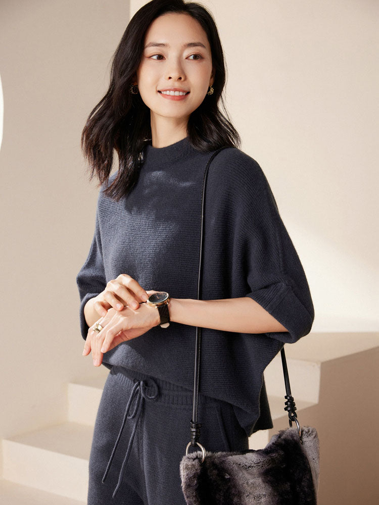 Batwing sleeves Mock Neck Cashmere Sweater