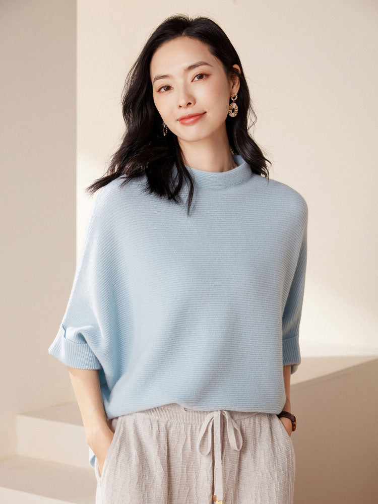 Batwing sleeves Mock Neck Cashmere Sweater