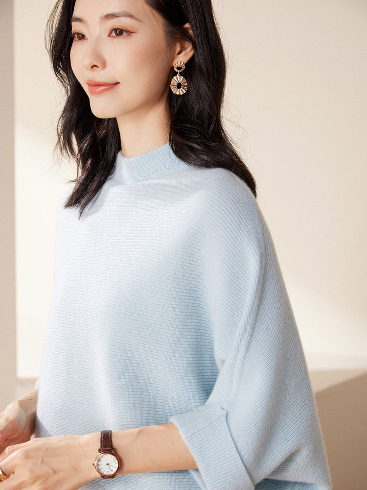 Batwing sleeves Mock Neck Cashmere Sweater
