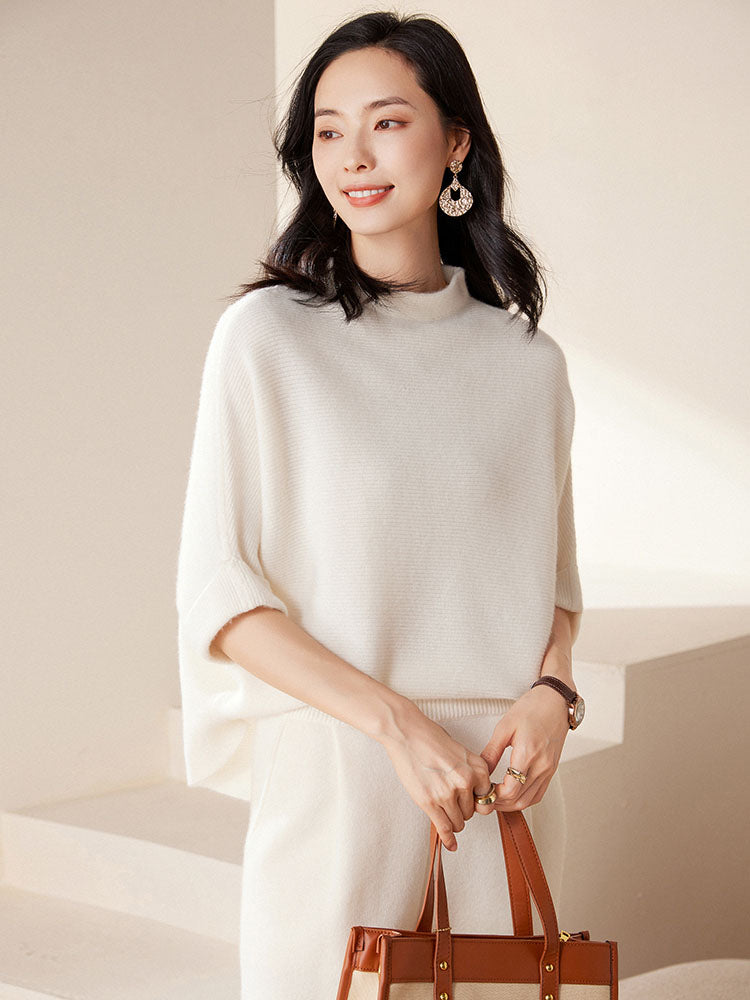 Batwing sleeves Mock Neck Cashmere Sweater