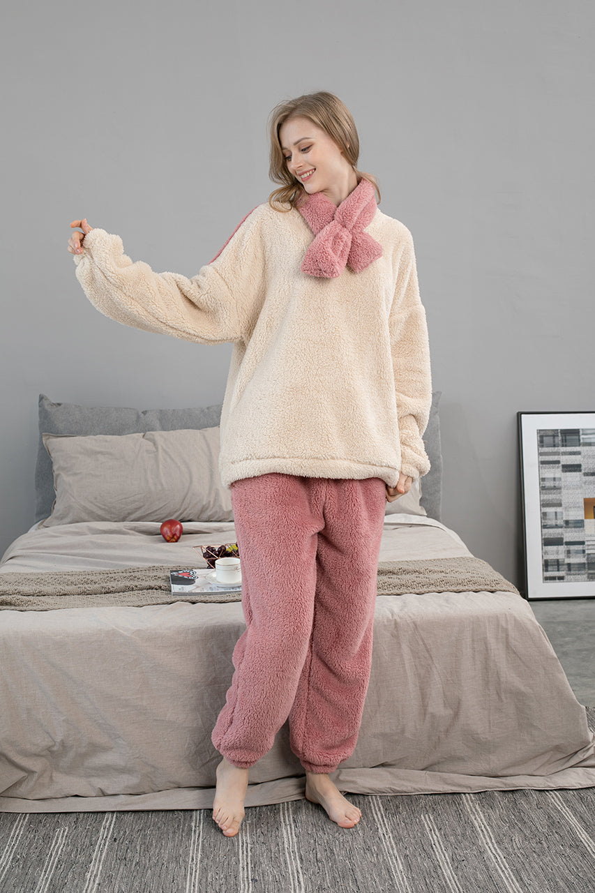 Warm Coral Fleece Pajamas Set With Scarf