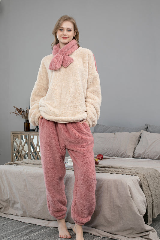 Warm Coral Fleece Pajamas Set With Scarf