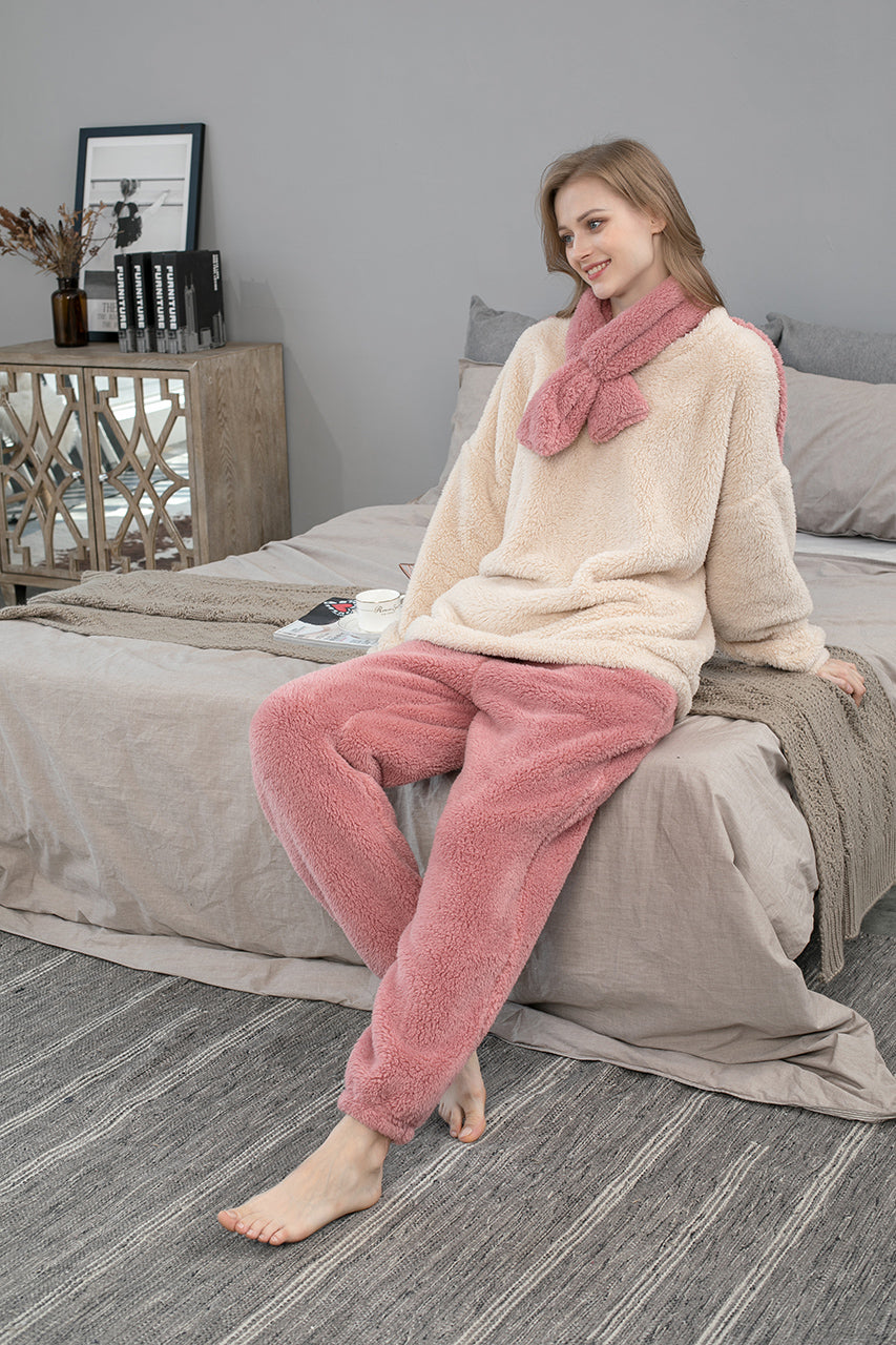 Warm Coral Fleece Pajamas Set With Scarf