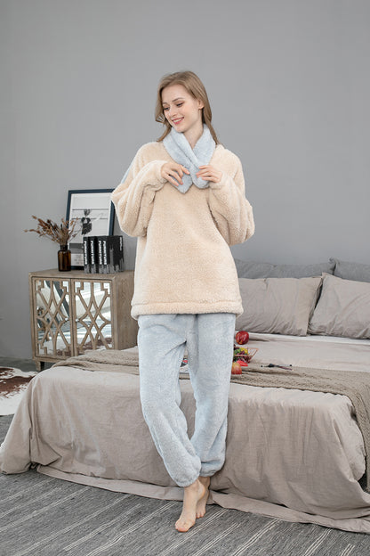 Warm Coral Fleece Pajamas Set With Scarf