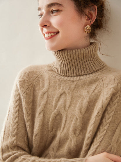 Camel Cable-Knit Cashmere Turtleneck Sweater