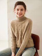 Camel Cable-Knit Cashmere Turtleneck Sweater 2