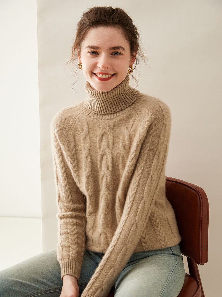 Camel Cable-Knit Cashmere Turtleneck Sweater 2