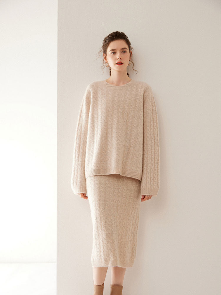 Wool Cashmere Drop Shoulder Sweater & Midi Skirt Set