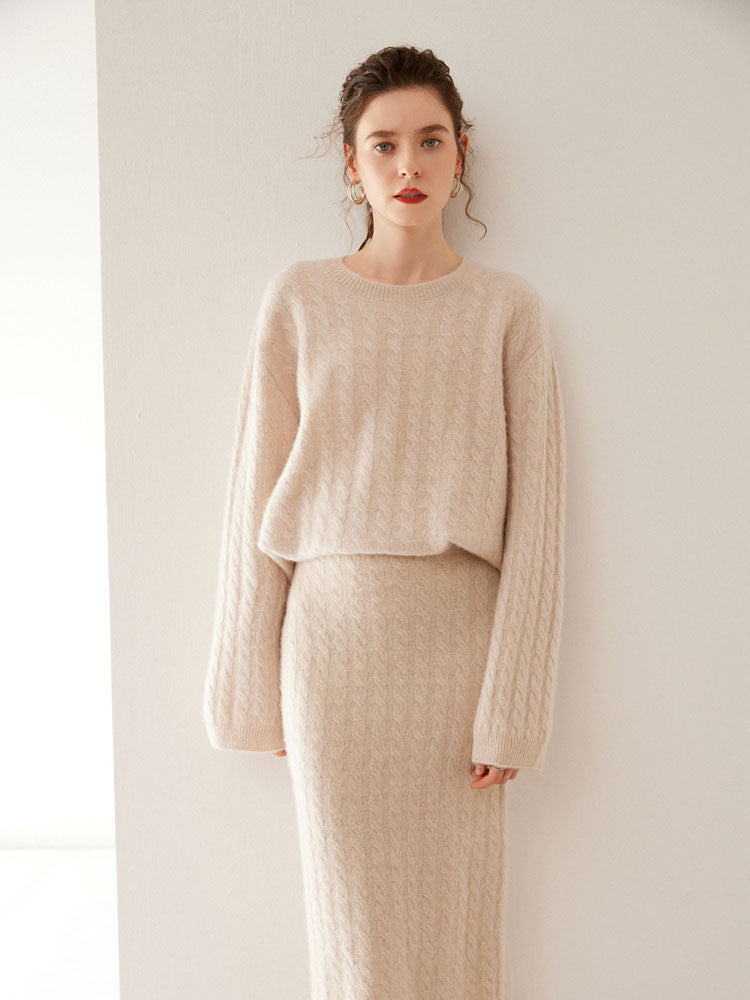 Wool Cashmere Drop Shoulder Sweater & Midi Skirt Set