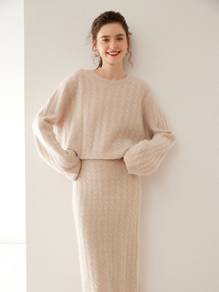 Wool Cashmere Drop Shoulder Sweater & Midi Skirt Set