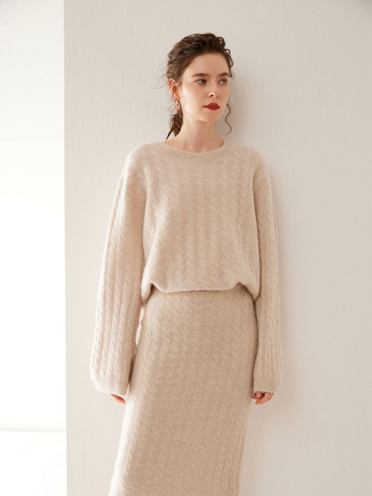 Wool Cashmere Drop Shoulder Sweater & Midi Skirt Set