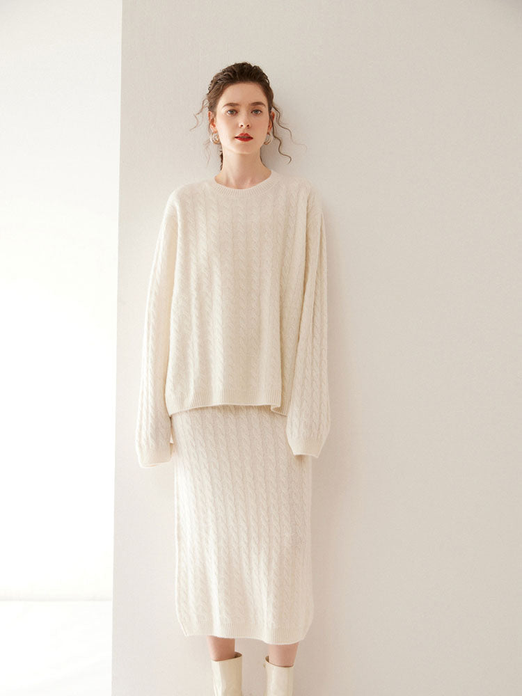 Wool Cashmere Drop Shoulder Sweater & Midi Skirt Set