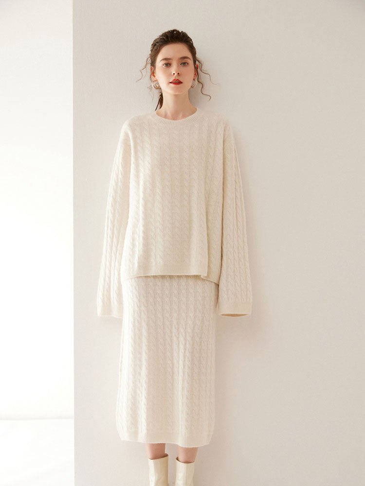 Wool Cashmere Drop Shoulder Sweater & Midi Skirt Set
