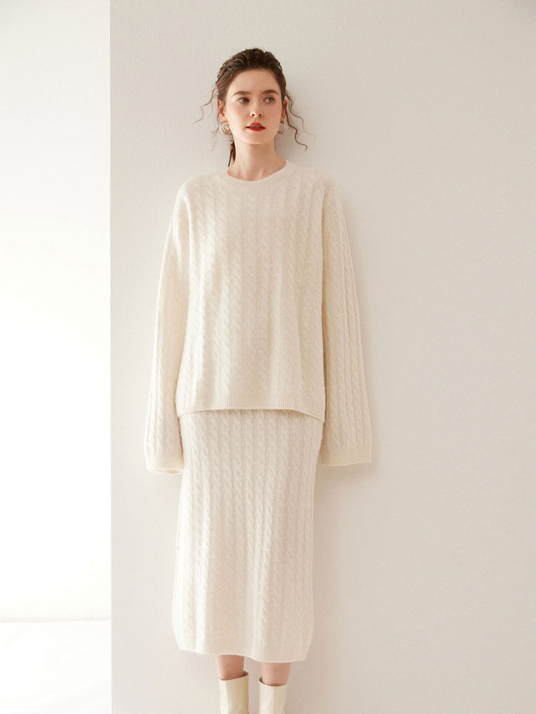 Wool Cashmere Drop Shoulder Sweater & Midi Skirt Set