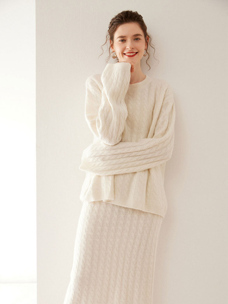Wool Cashmere Drop Shoulder Sweater & Midi Skirt Set