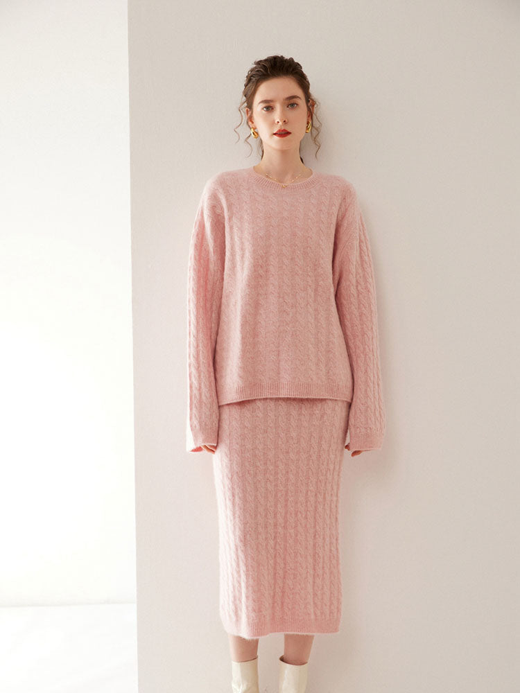 Wool Cashmere Drop Shoulder Sweater & Midi Skirt Set