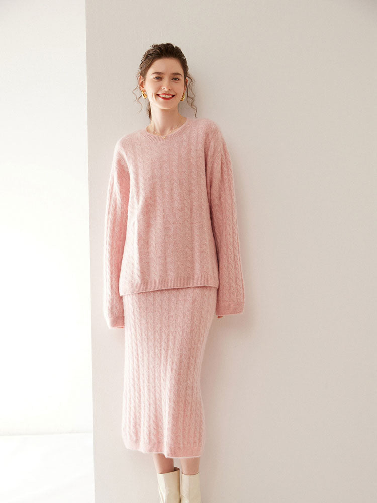 Wool Cashmere Drop Shoulder Sweater & Midi Skirt Set