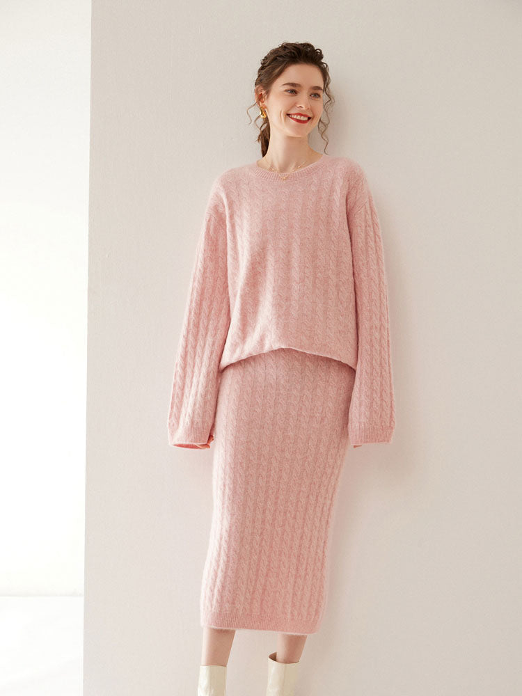 Wool Cashmere Drop Shoulder Sweater & Midi Skirt Set