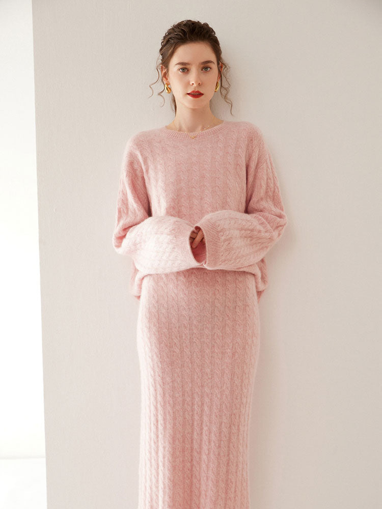 Wool Cashmere Drop Shoulder Sweater & Midi Skirt Set