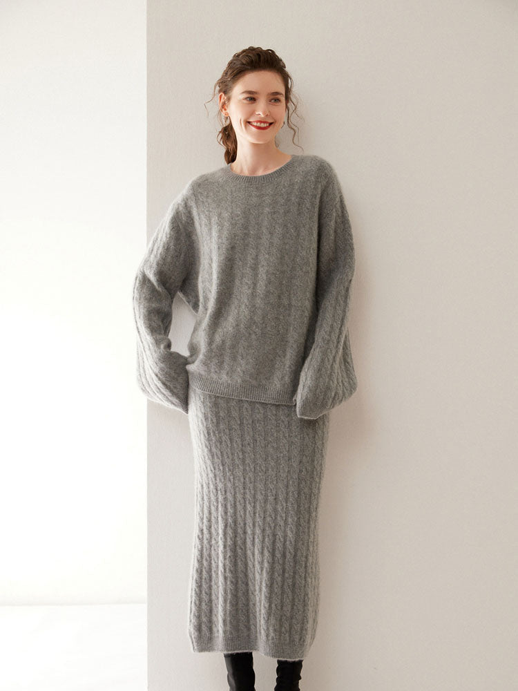 Wool Cashmere Drop Shoulder Sweater & Midi Skirt Set