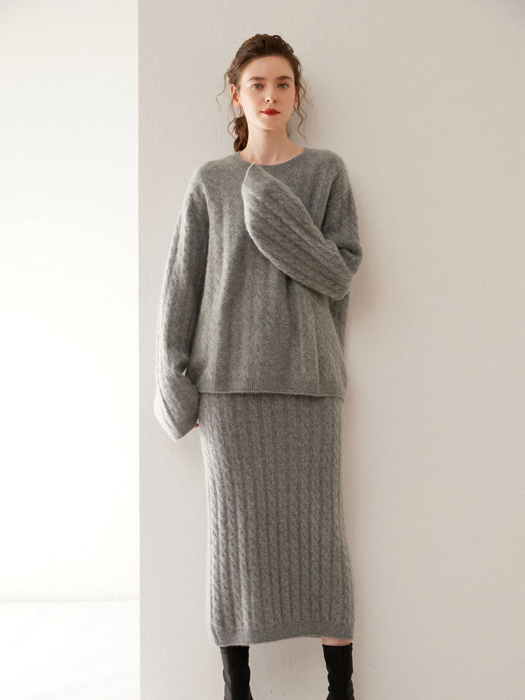 Wool Cashmere Drop Shoulder Sweater & Midi Skirt Set