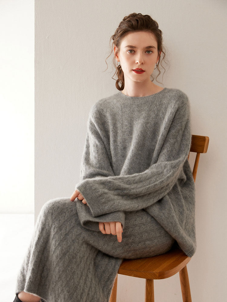 Wool Cashmere Drop Shoulder Sweater & Midi Skirt Set