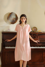 Short Sleeved Ruffled Neckline Nightgown