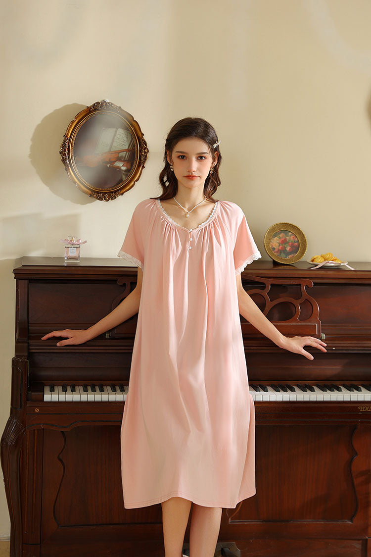 Short Sleeved Ruffled Neckline Nightgown