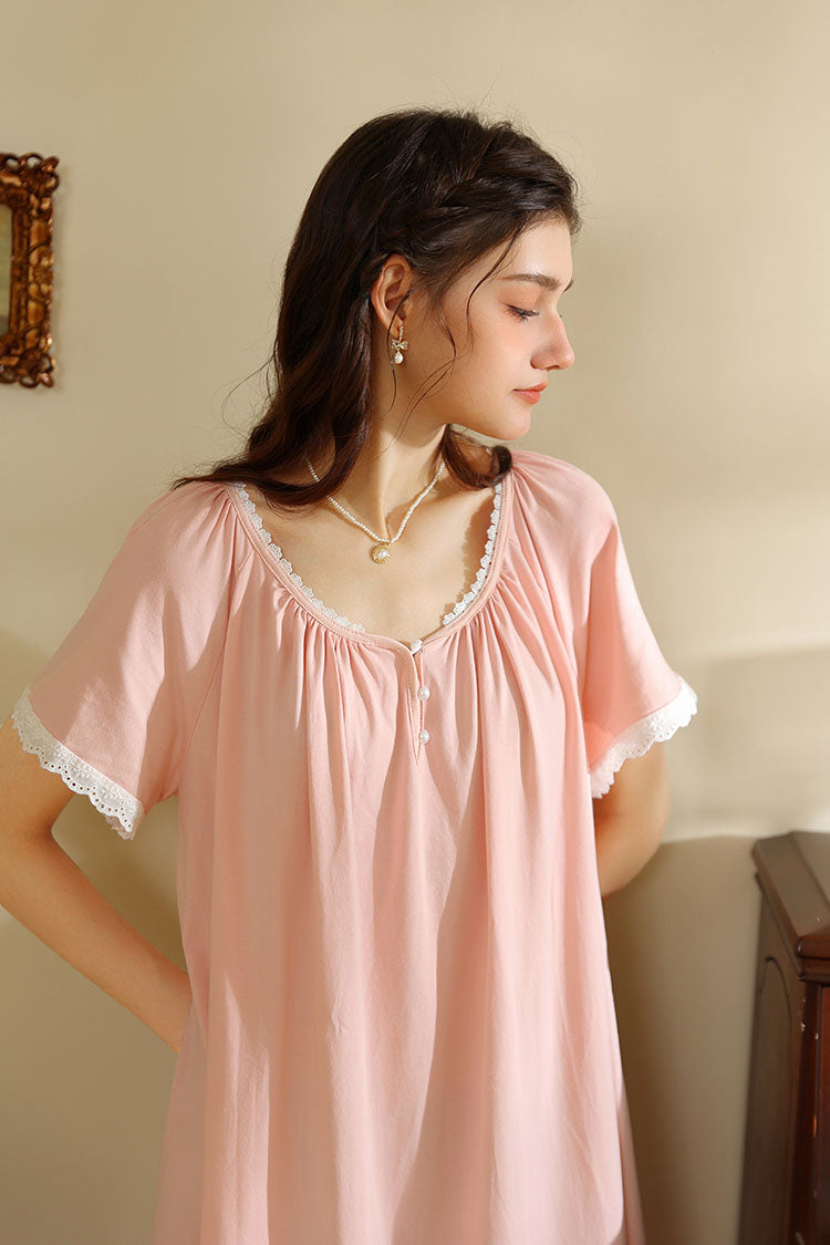 Short Sleeved Ruffled Neckline Nightgown