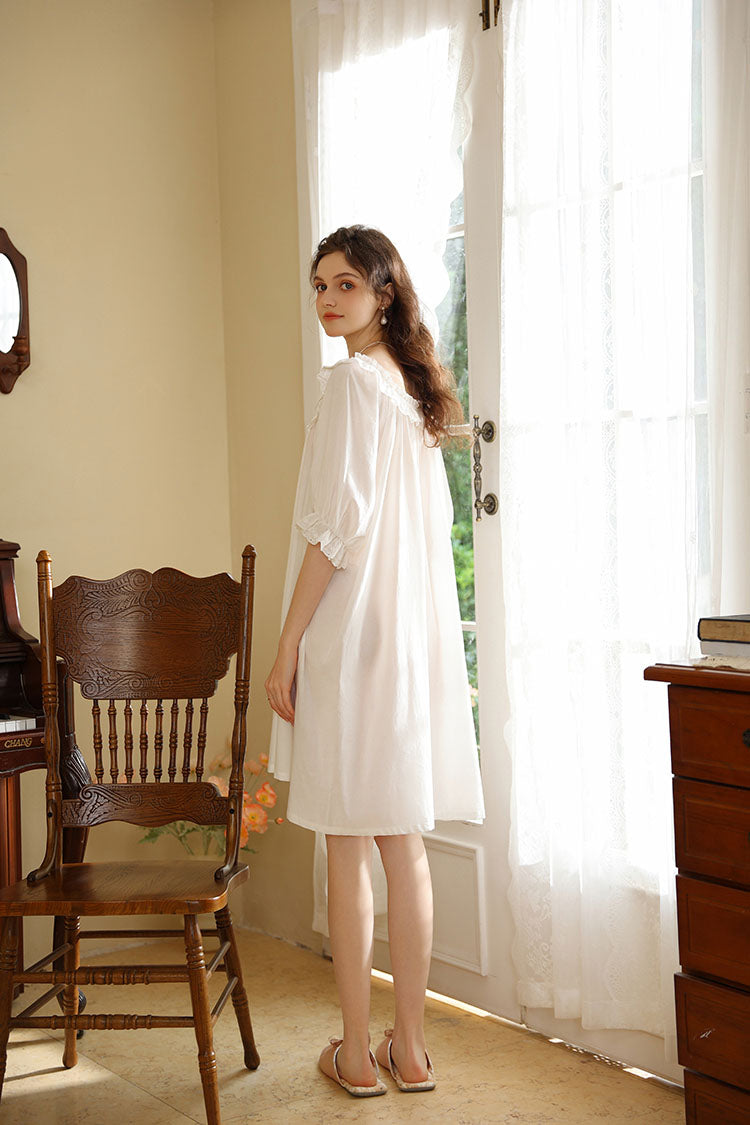 Ruffled-Edged Round Neck Nightgown
