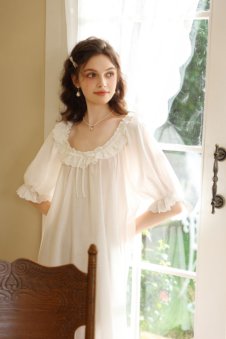 Ruffled-Edged Round Neck Nightgown