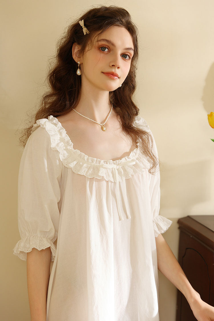 Ruffled-Edged Round Neck Nightgown