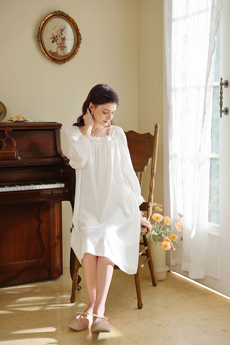 Knee Length Nightgown with Ruffled Neckline