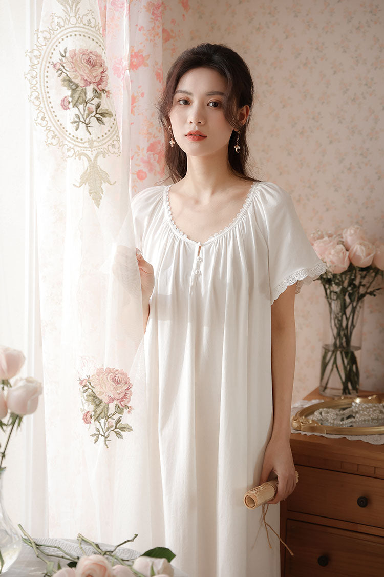 Short Sleeved Ruffled Neckline Nightgown