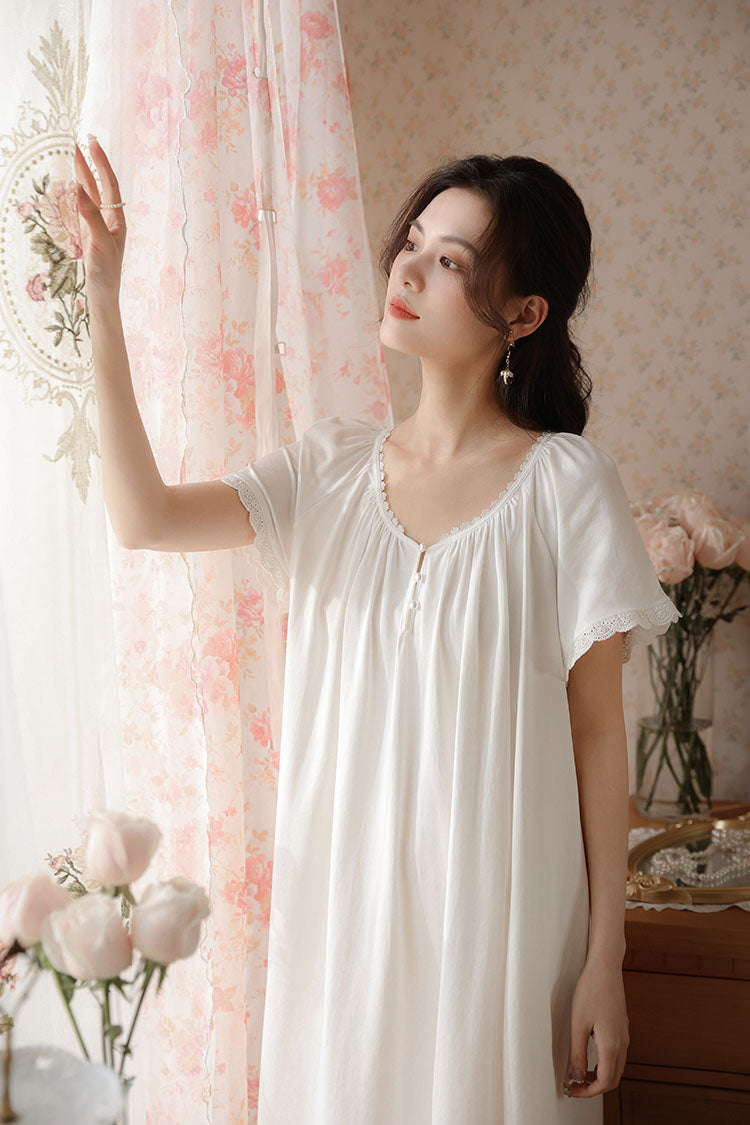 Short Sleeved Ruffled Neckline Nightgown