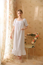 Square-Necked Nightgown with Lace and Ruffles