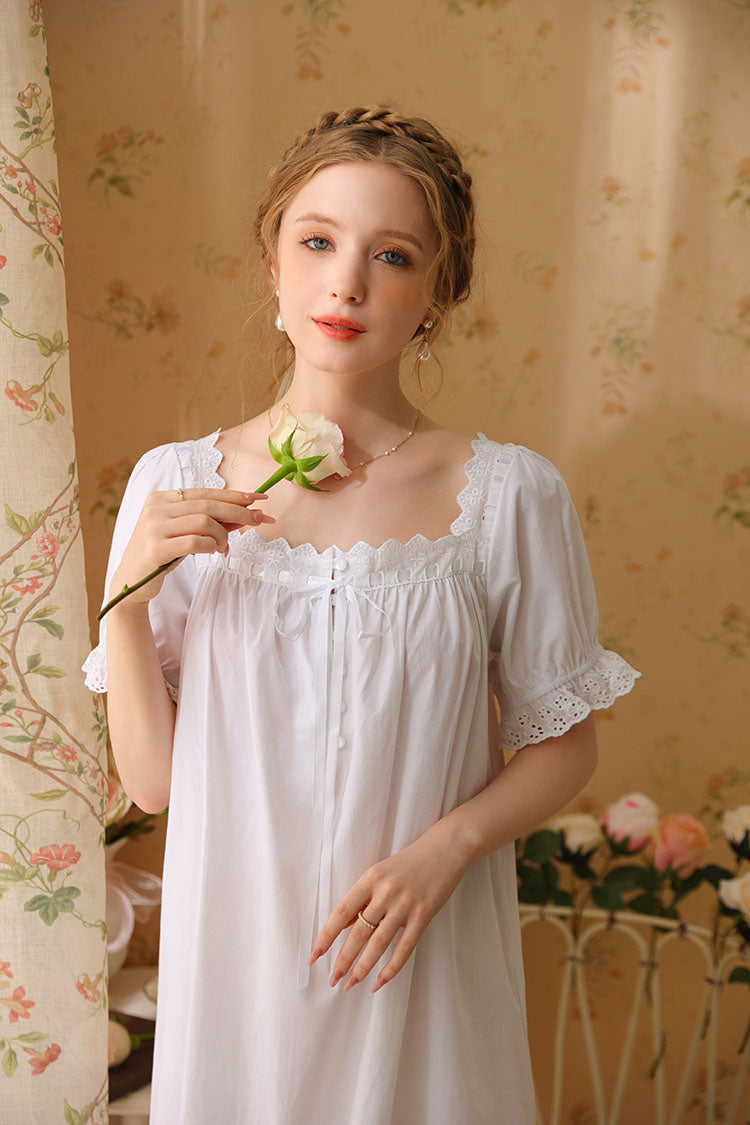 Square-Necked Nightgown with Lace and Ruffles