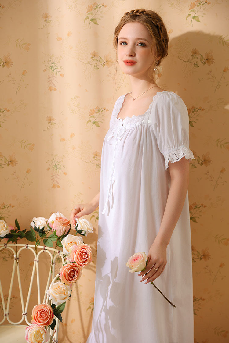 Square-Necked Nightgown with Lace and Ruffles