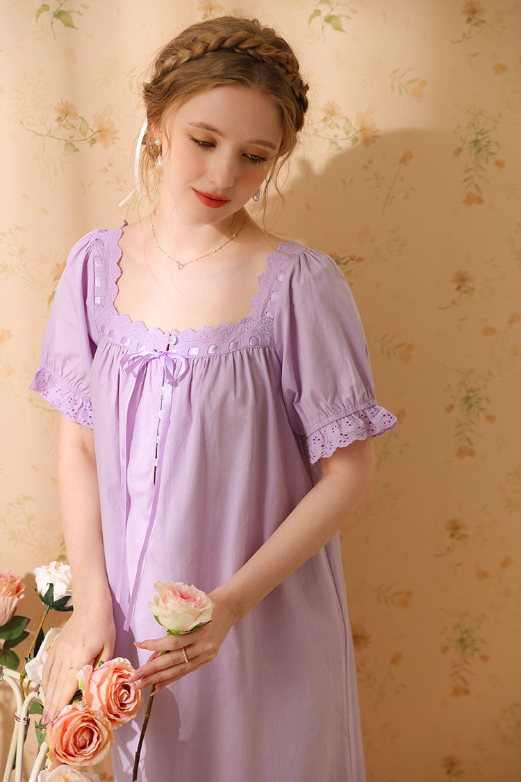 Square-Necked Nightgown with Lace and Ruffles