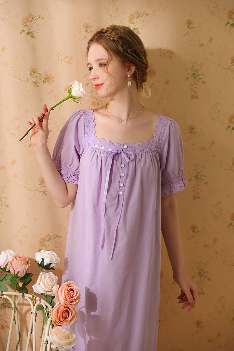 Square-Necked Nightgown with Lace and Ruffles