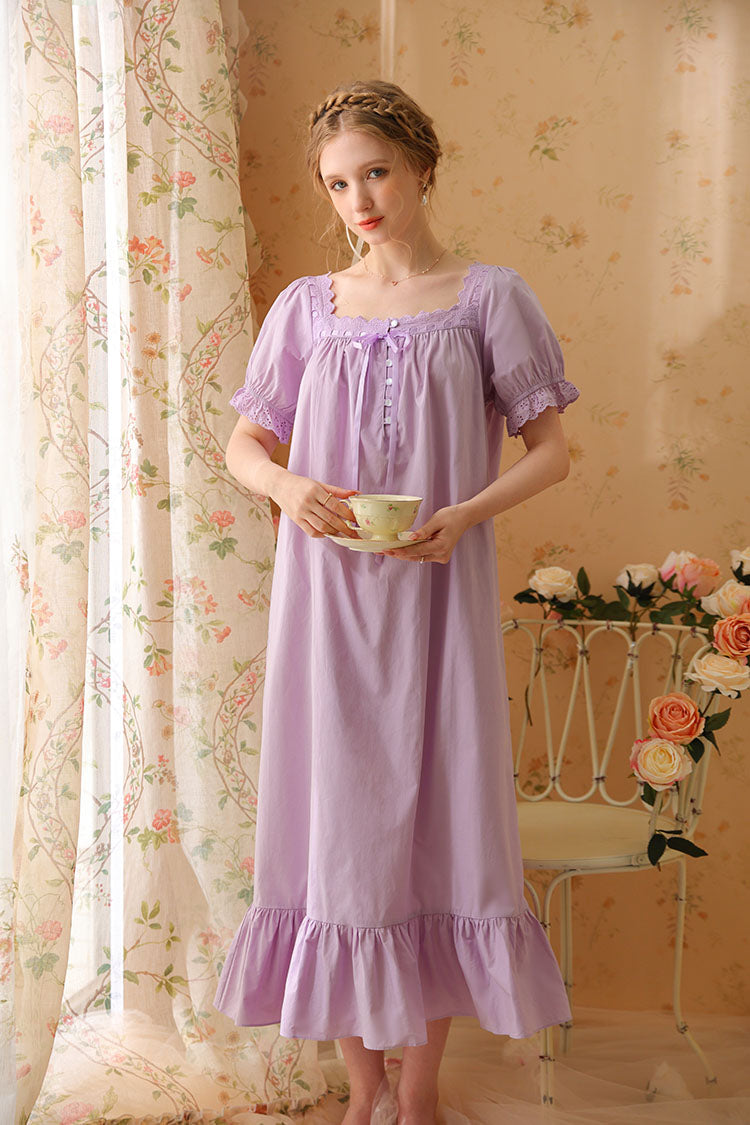 Square-Necked Nightgown with Lace and Ruffles