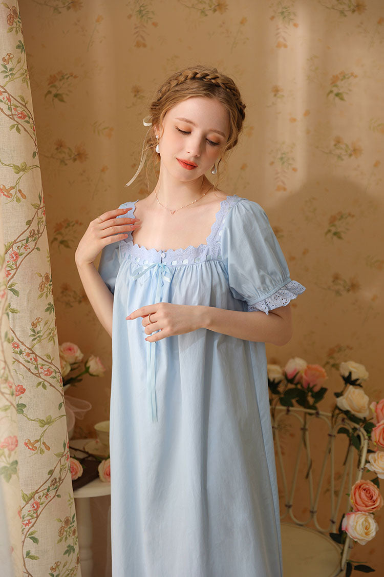 Square-Necked Nightgown with Lace and Ruffles