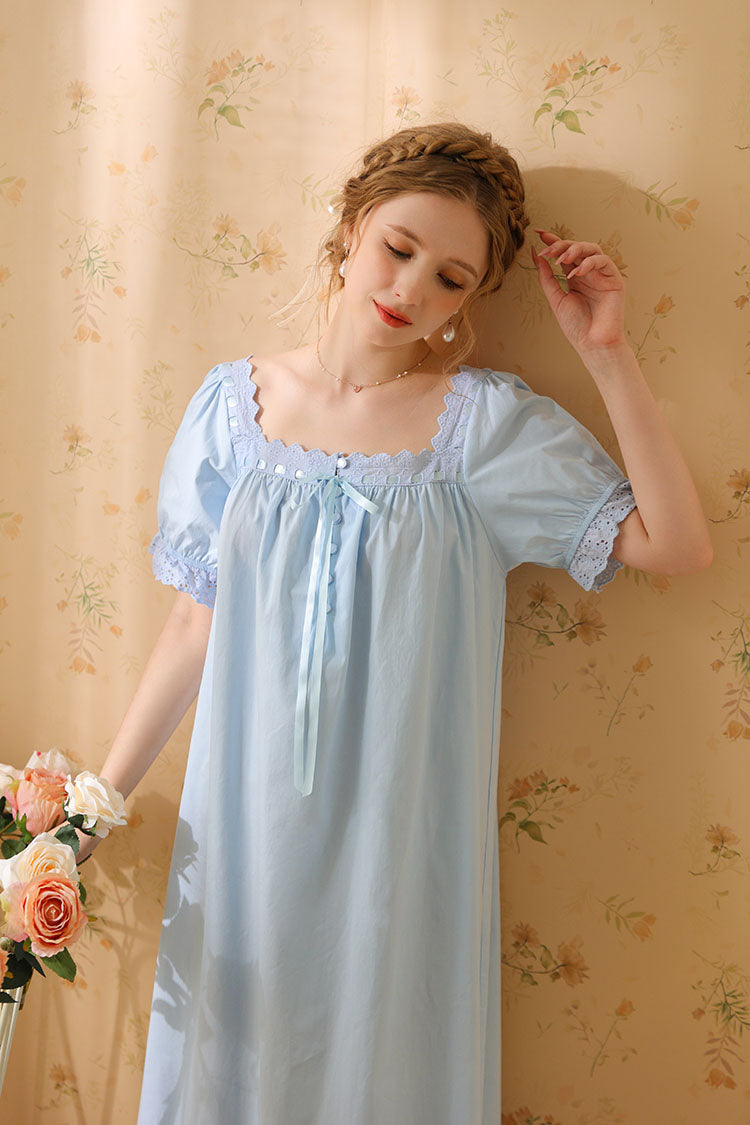 Square-Necked Nightgown with Lace and Ruffles