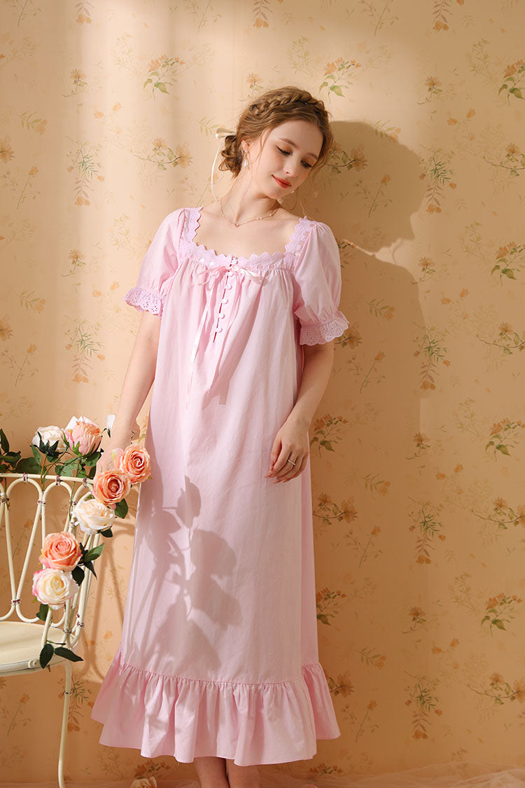 Square-Necked Nightgown with Lace and Ruffles