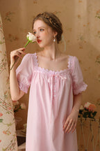 Square-Necked Nightgown with Lace and Ruffles