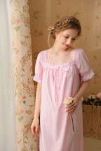Square-Necked Nightgown with Lace and Ruffles