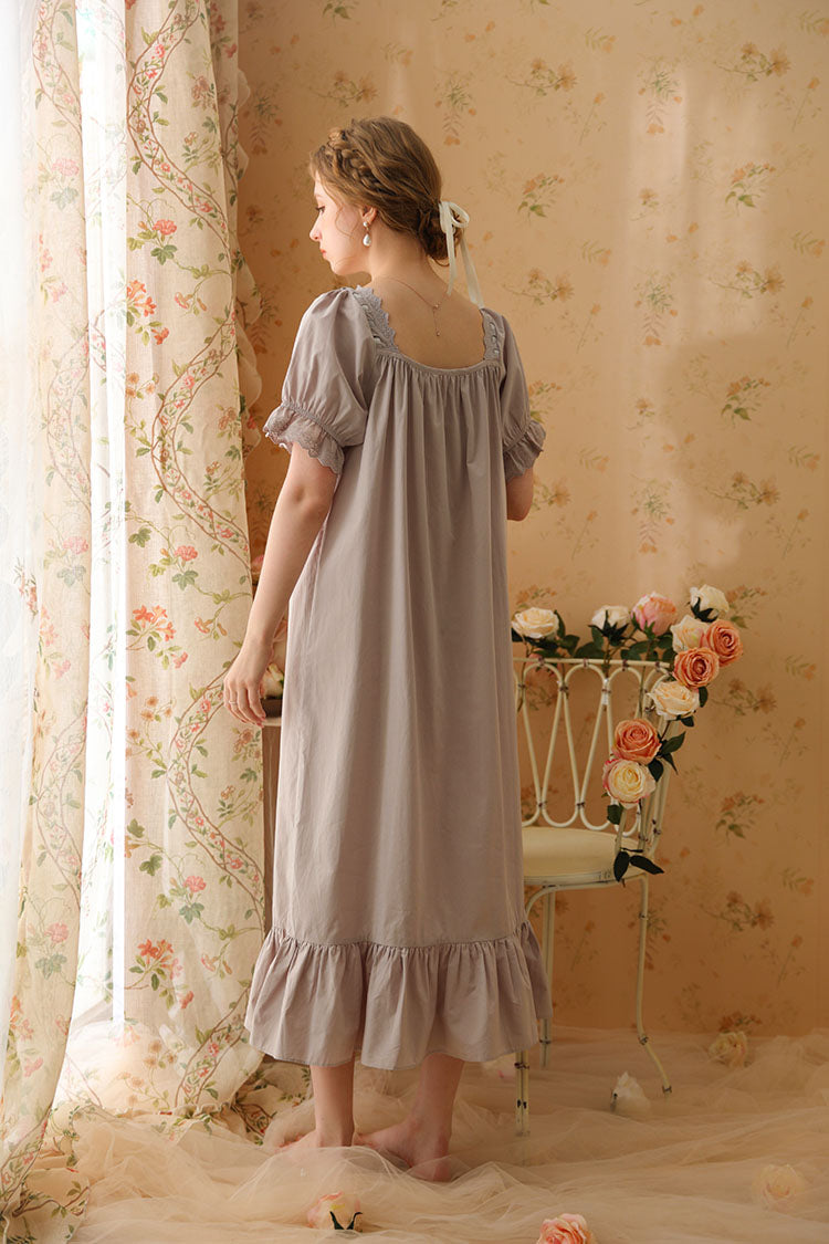 Square-Necked Nightgown with Lace and Ruffles
