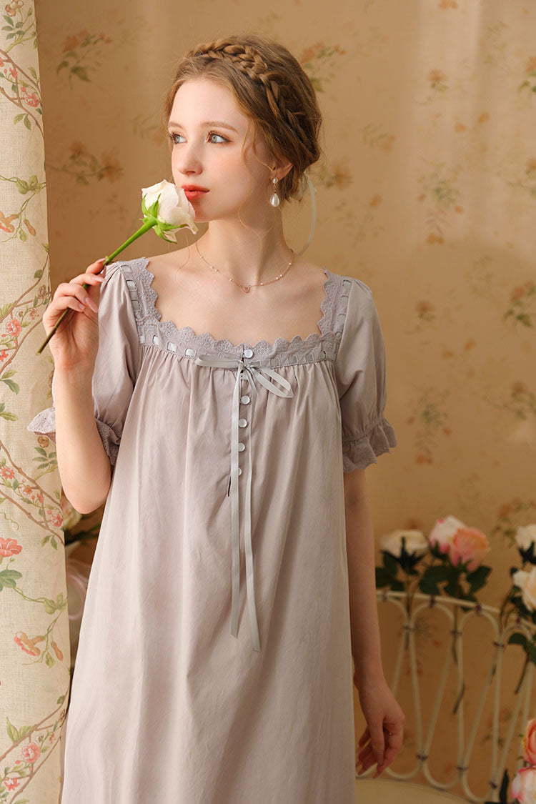 Square-Necked Nightgown with Lace and Ruffles